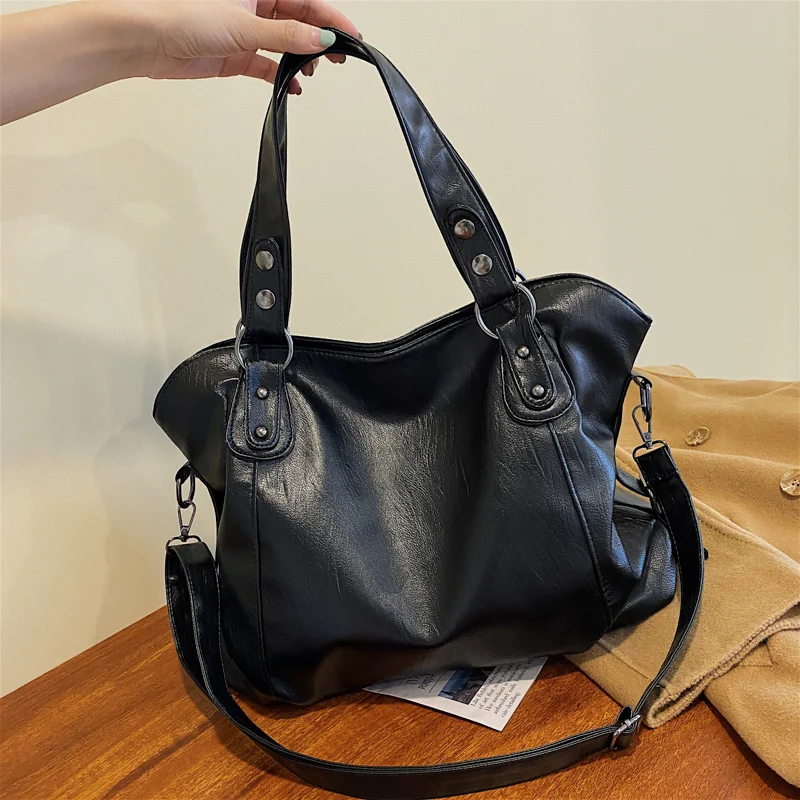 Solid Color Quality Soft Leather Crossbody Handbag Lady Travel Tote Bag Big Black Shoulder Bags for Women Large Hobo Shopper Bag