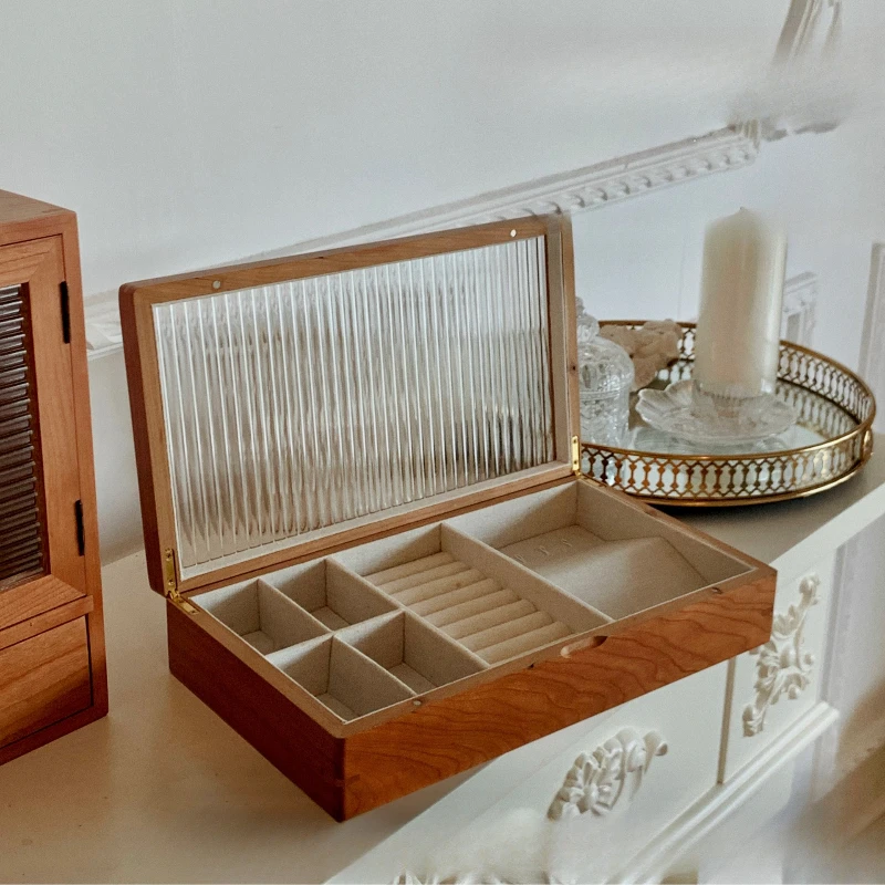 Solid Wood Jewelry Box Retro Glass Ring Storage Boxes Women Collection Necklaces Bracelet Display Case Jewellery Showcase Gift