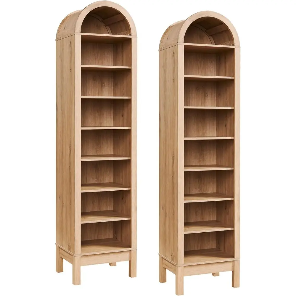 

71 Double Arched 8-Tier Bookshelf with Storage, Adjustable Wooden Shelves for Living Room or Office - Natural