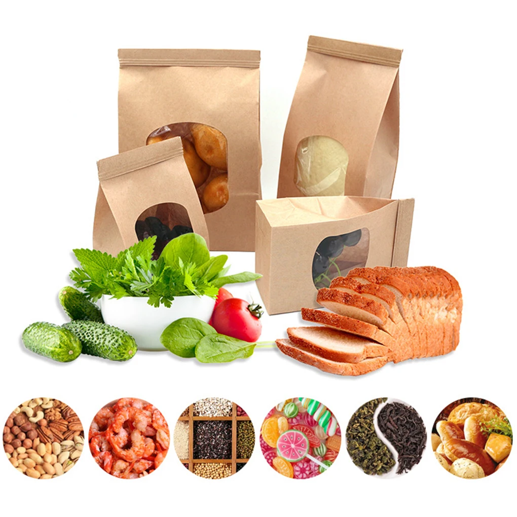 50 Pcs Bakery Bags Window Sealing Pack Kraft Paper Bag Cookie Packs XS