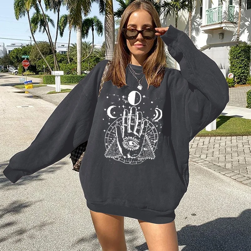 Seeyoushy Vintage Palms and Eyes Print Women Sweatshirts Spring/Autumn Loose Hoodies Sweatshirts Drop Shoulder Tops New Y2K Tops