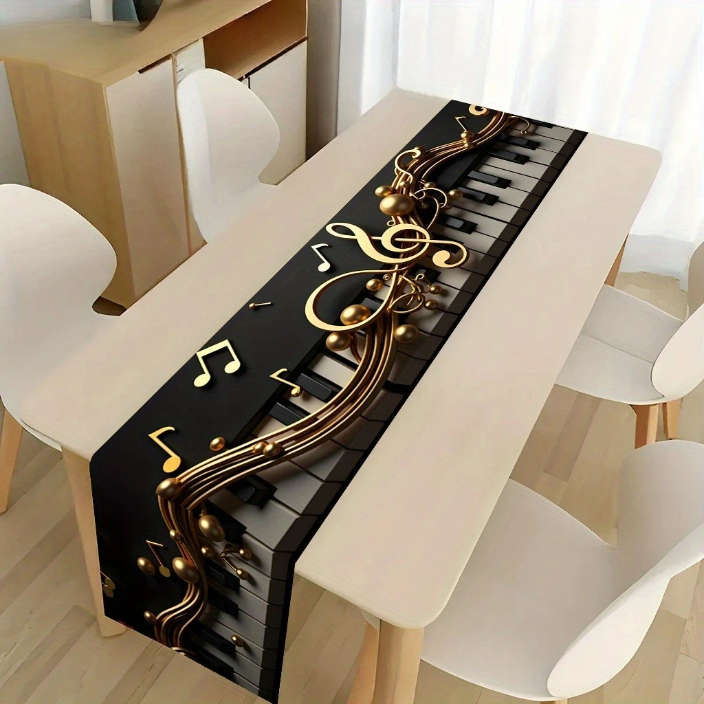 Golden Musical Note Piano Keyboard Print Rectangular Table Runner, Practical, Holiday Home Kitchen Dining Table Runner Decor