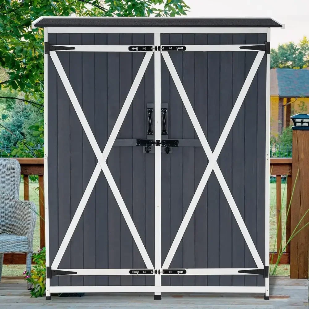 Gray Outdoor Storage Cabinet with Shelves, Lockable 2-Door Wood Garden Shed for Patio and Lawn