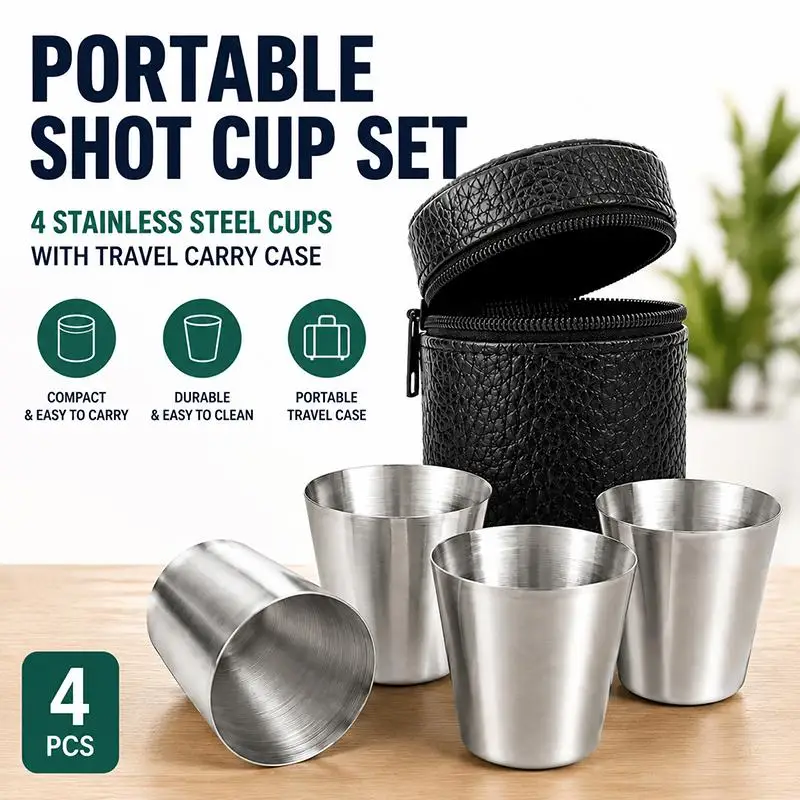 4 Pack Stainless Steel Cups with Portable Leather Storage Case BPA Free Easy to Store for Camping Hiking Home Daily Use