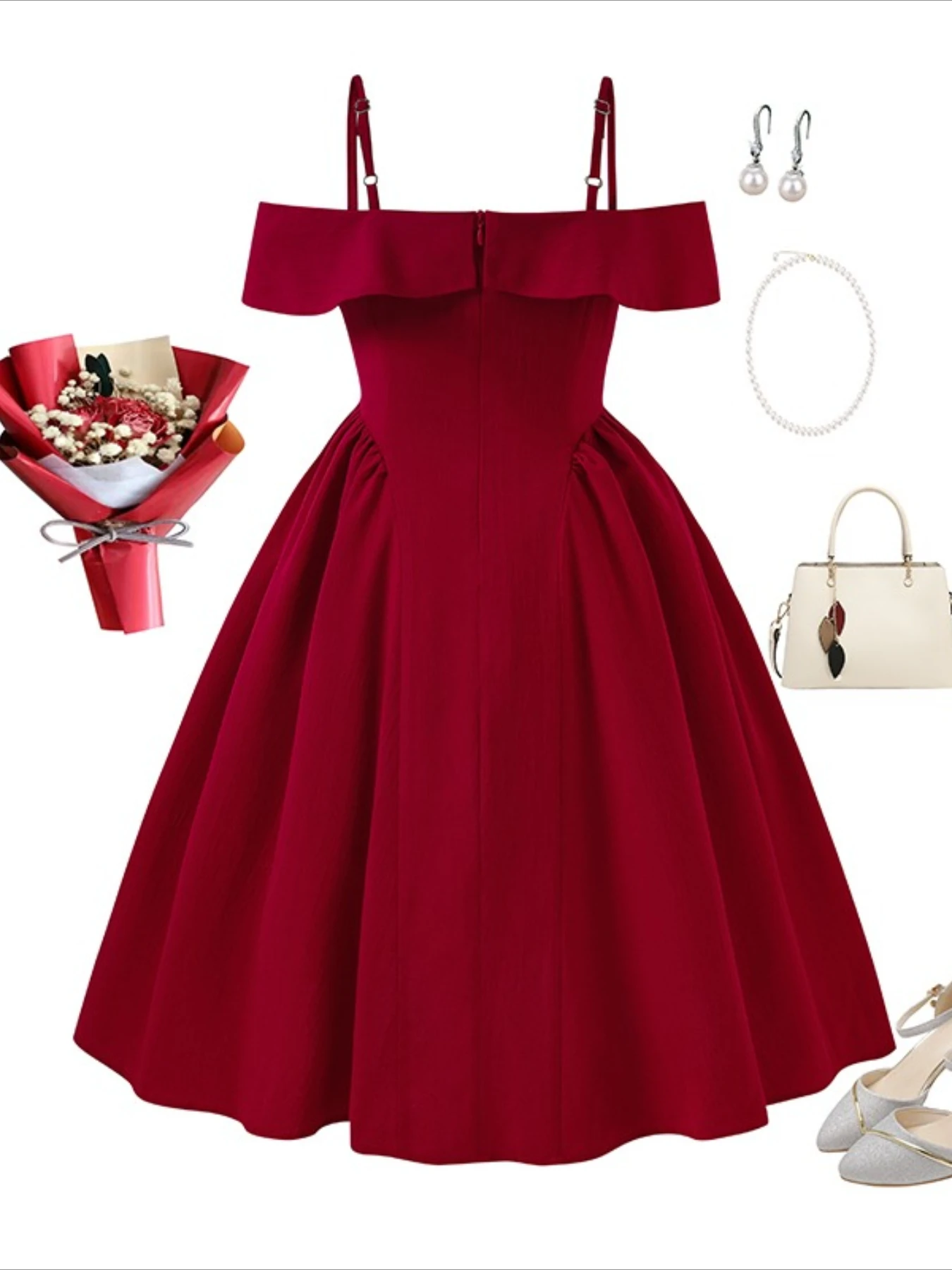 Girls' Spring/Summer New Elegant Spaghetti Strap Off-Shoulder Pleated Waist Flared Skirt