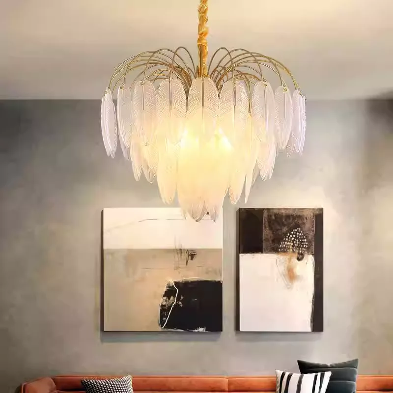 Art Deco Style White Glass Feathers Gold Silver LED Chandelier Ceiling Light For Entryway Bedroom Home Decoration