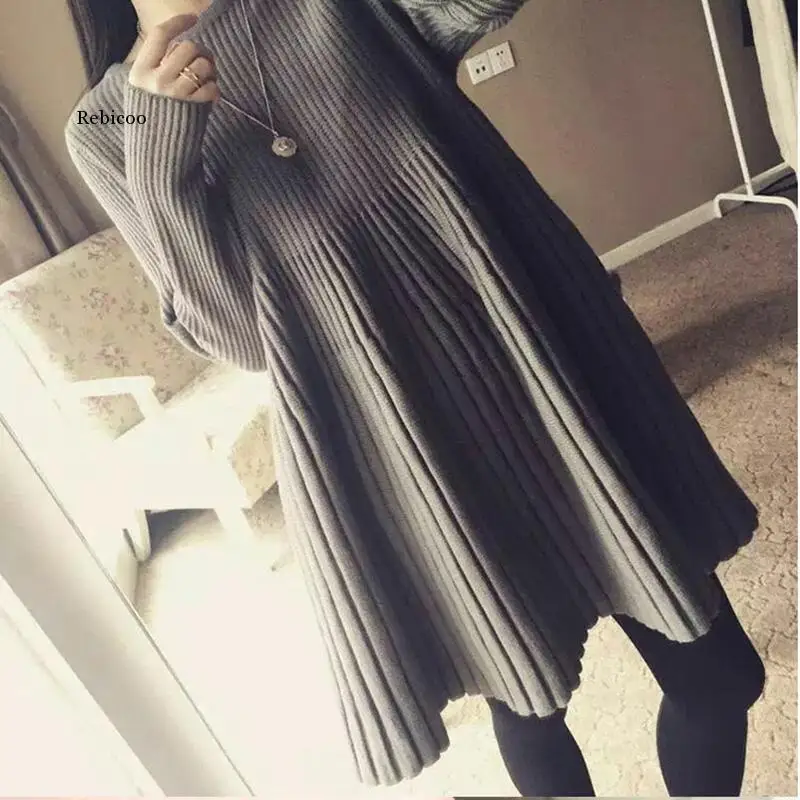 

Autumn winter women fashion new lady sweater bottoming long-sleeved dress 200 kg Medium length knitted dress female