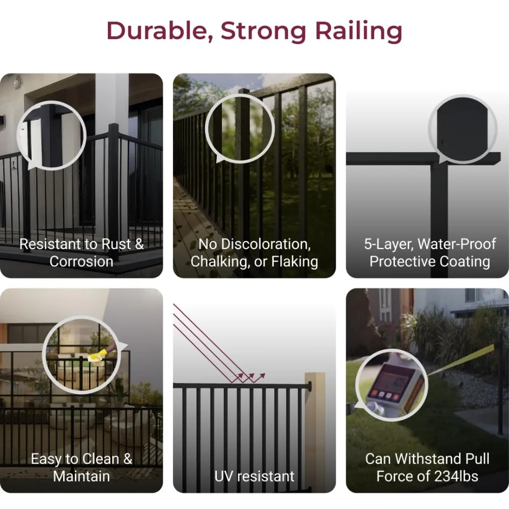 طقم درابزين الشرفة الخارجية المعدنية السوداء - سياج من الحديد المطاوع ونظام درابزين سطح السكك الحديدية بدون حاجز علوي #5