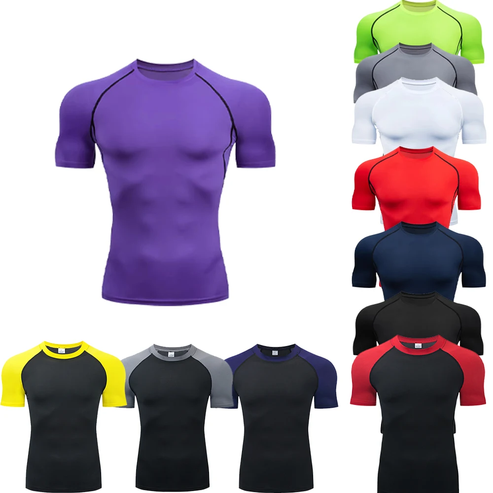 ผู้ชายวิ่งเสื้อยืดด่วนแห้งเสื้อฟุตบอลออกกําลังกายแน่นกีฬายิมกีฬาเสื้อแขนสั้นระบายอากาศ