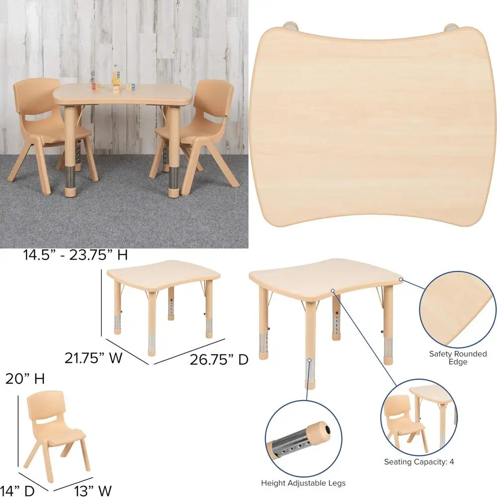 طاولة أنشطة بلاستيكية طبيعية مستطيلة من EMMA + OLIVER ومجموعة كرسيين، 21.875 وات × 26.625 لتر