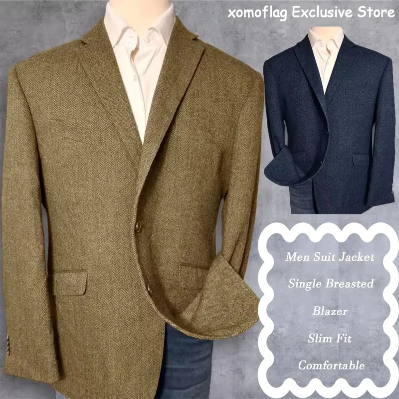 

Mens Herringbone Suit Jacket Single Breasted Notch Lapel Slim Fit Stylish Comfort Breathable Blazer Work Attire Formal Coat New