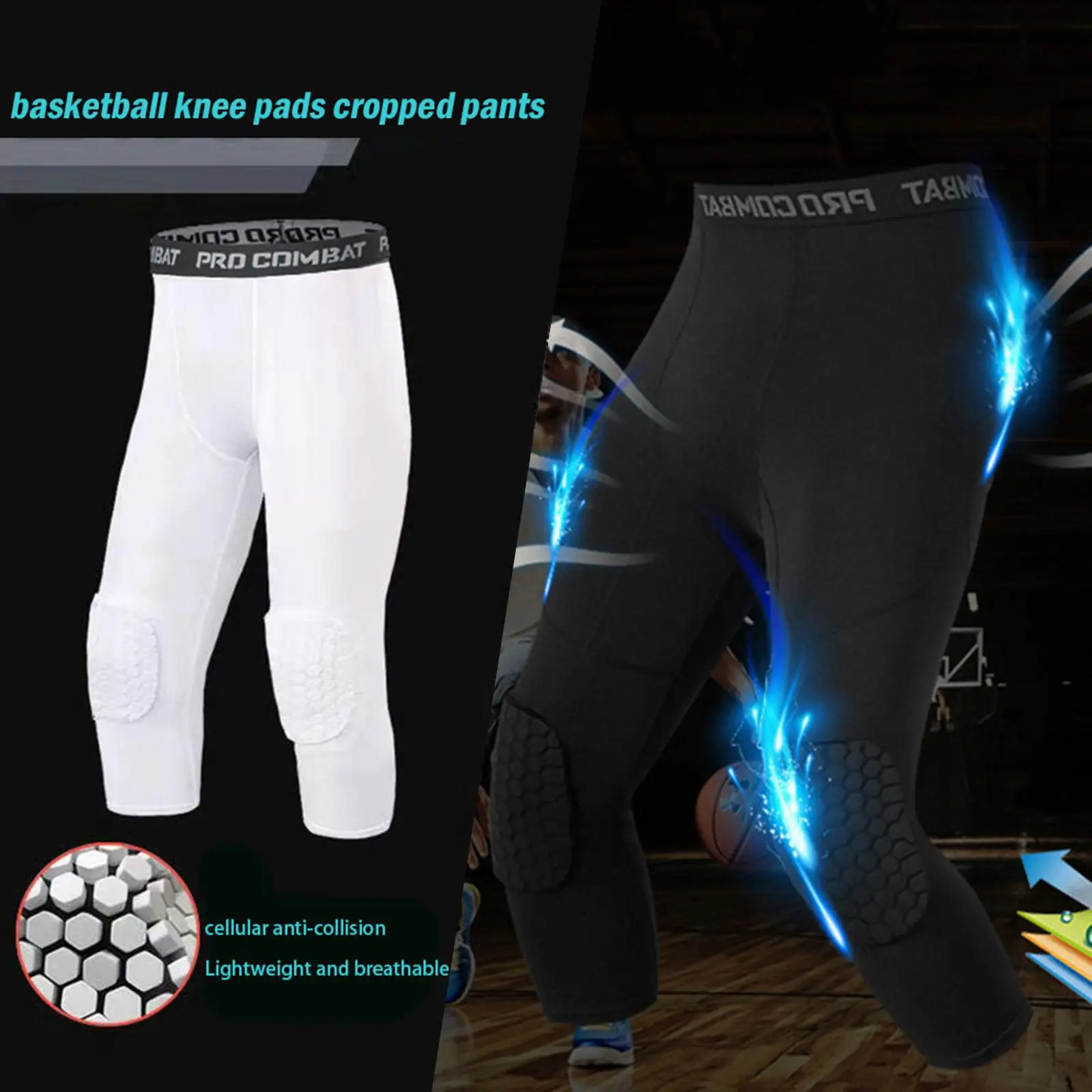 Pantalones de seguridad anticolisión para hombre, mallas de entrenamiento de baloncesto con rodilleras protectoras, pantalones de compresión
