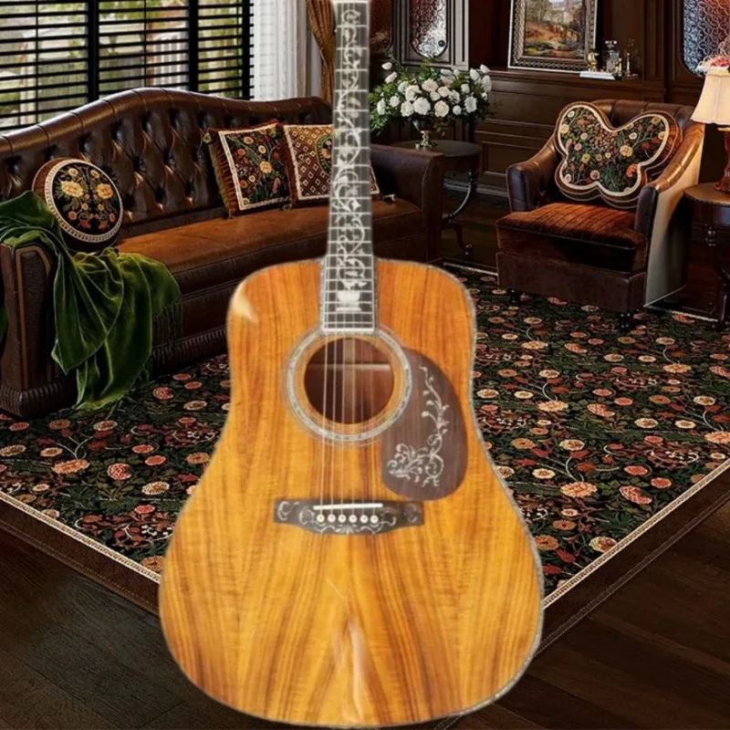 Orange 41 Inch D45 Koa Acoustic Guitar Floral Inlay Koa Back Sides Ebony Fingerboard Vintage Yellow Gloss Finish In Stock