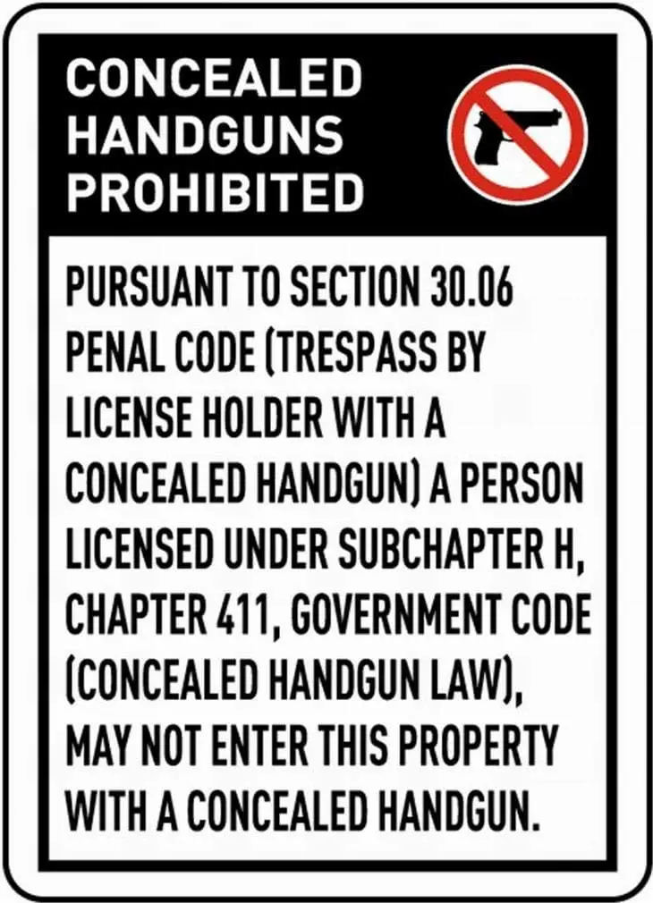 Texas 30.06 No Concealed Handguns Safety Sign Notice Warning  Tin Metal-aluminum