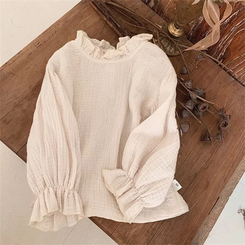 12M-6T Girls\' Cotton and Linen Shirts Spring and Autumn Soft Breathable Baby Brief Casual Bottoming Shirt Korean Children Blous