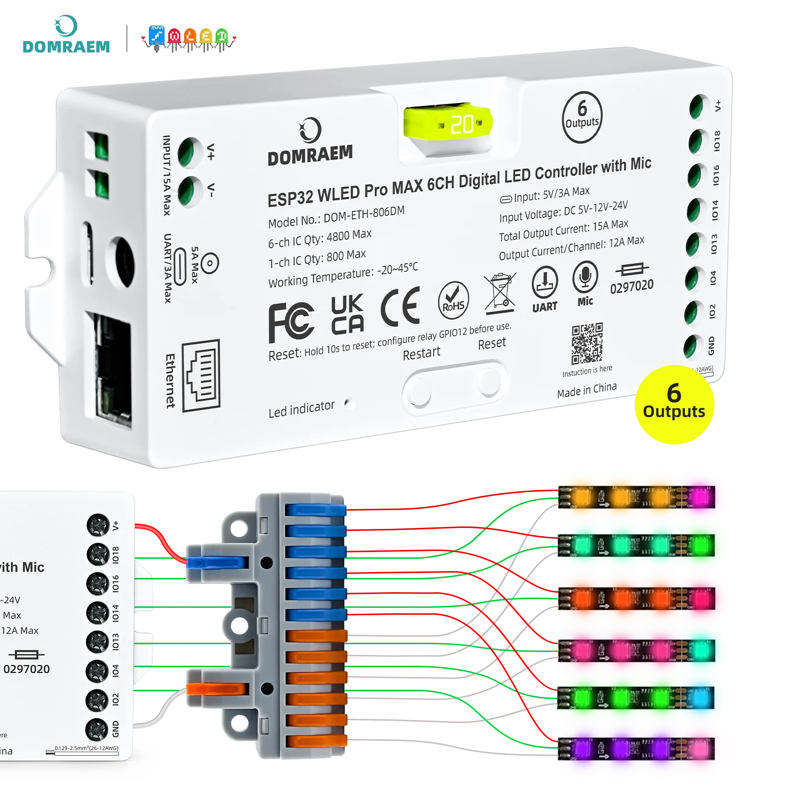 DOMRAEM ESP32 6 Outputs Digital WLED Controller Pro & Pro MAX WiFi Ethernet UART Sound Reactive Light WS281X SK6812 Smart Voice