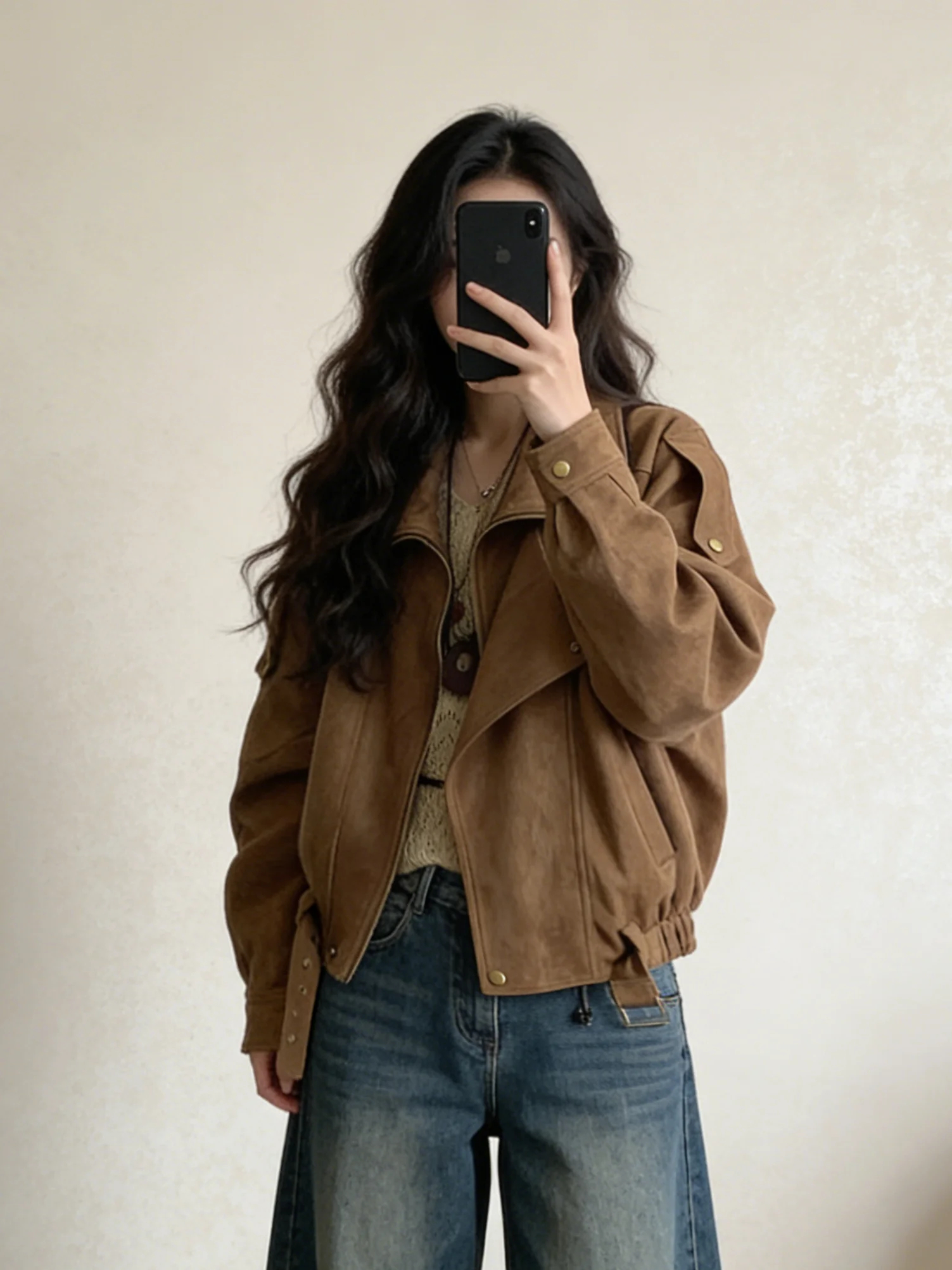 

Retro American Style Suede Motorcycle Jacket Women's Casual Loose Lazy Collar Shape Jacket Spring Season Zipper Closure