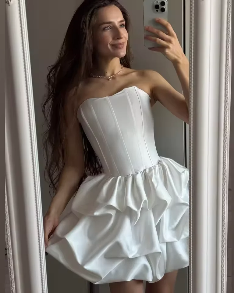 

Customized Sweetheart short prom dress Strapless Corset Back Formal Bridal Gowns Satin Pleated Mini Wedding Dresses for Women