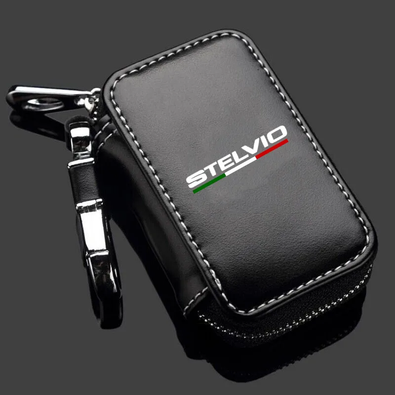 Genuine Leather Car Key Fob Case Cover Keychain Zipper Bag Protection Shell For Alfa Romeo Stelvio Car Accessories