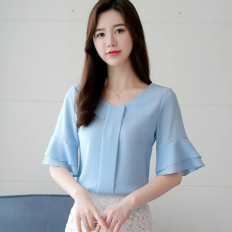 

Womens Blouses Summer Flare Sleeve Chiffon Blouse Shirt Women Tops Ladies Work Wear Office Blusa Feminina Shirts 3929