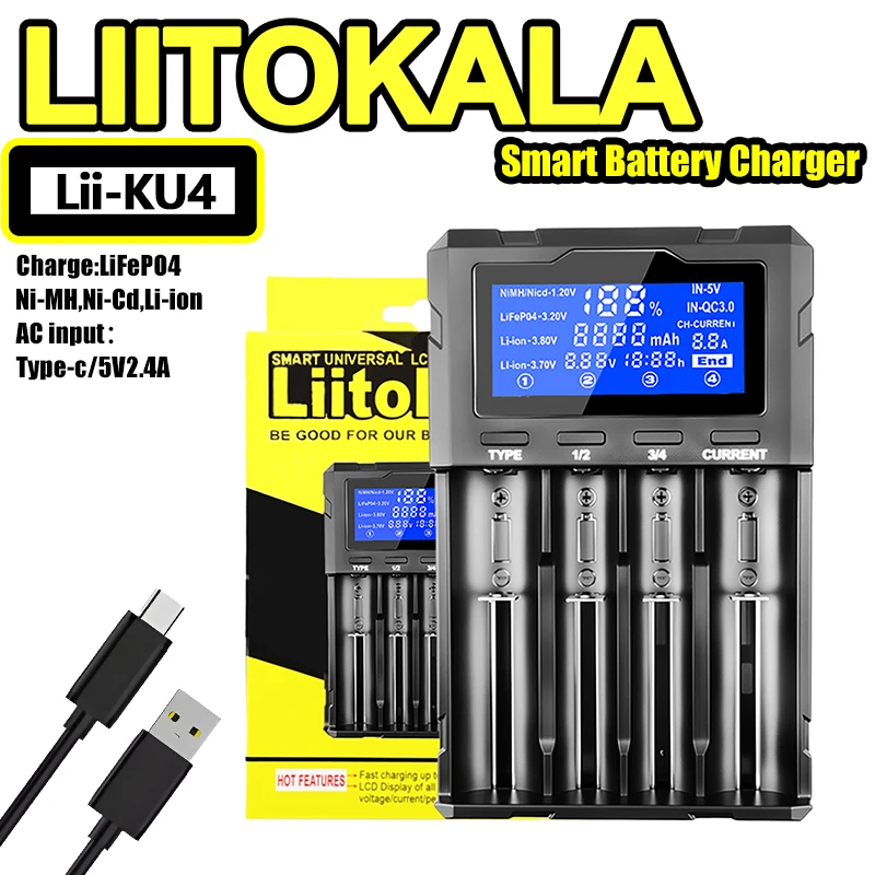 LiitoKala Lii-KU4 интеллектуальное зарядное устройство с 4 слотами, портативное для литиевых аккумуляторов 3,7 В 18650 26650 21700 18350 1,2 В NI-MH Ni-Cd AA AAA
