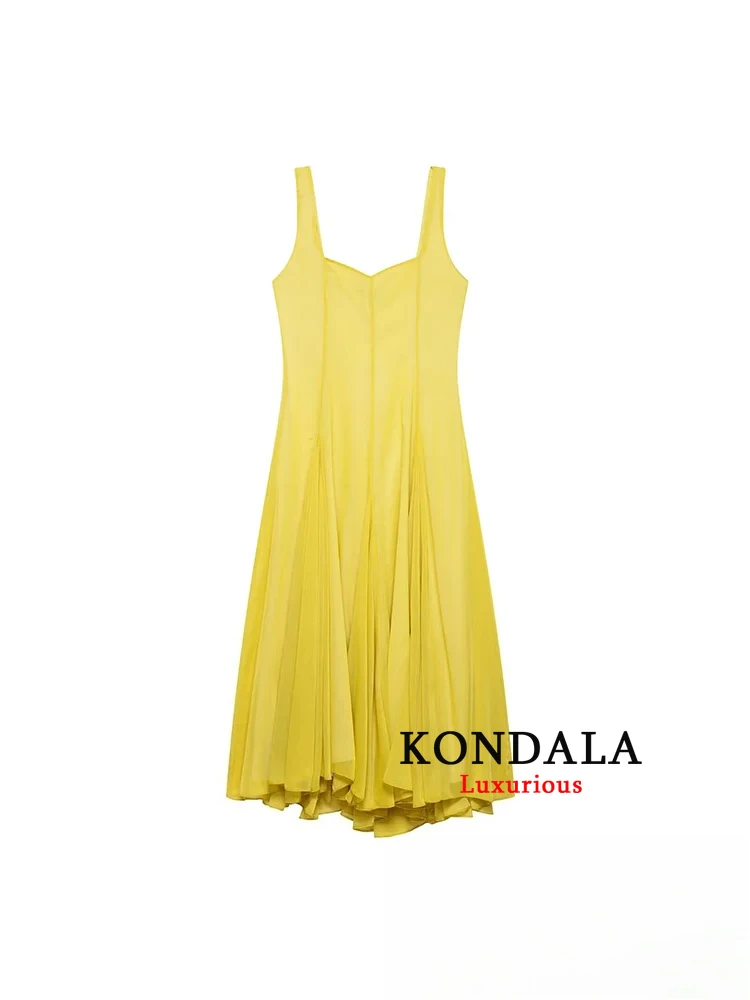ชุดเดรสสายเดี่ยวสไตล์วินเทจ KONDALA สีเหลืองล้วน แขนกุด แต่งระบาย ซิปด้านหลัง แฟชั่นใหม่ 2025 ชุดเดรสสำหรับฤดูใบไม้ผลิ ฤดูร้อน และวันหยุด