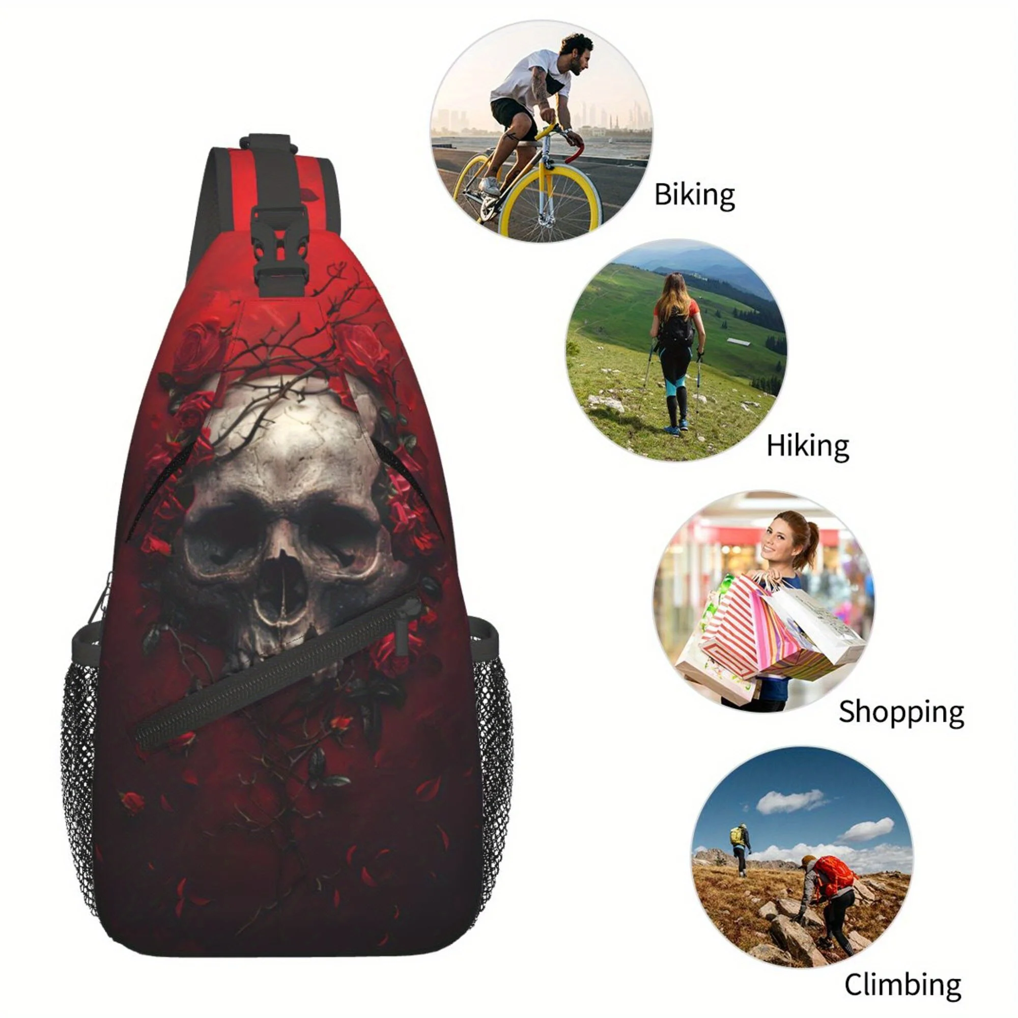 Men's Skull Roses Crossbody Chest Bag - Red/Black Gothic Print Durable Polyester Sling Bag with Secure Zipper