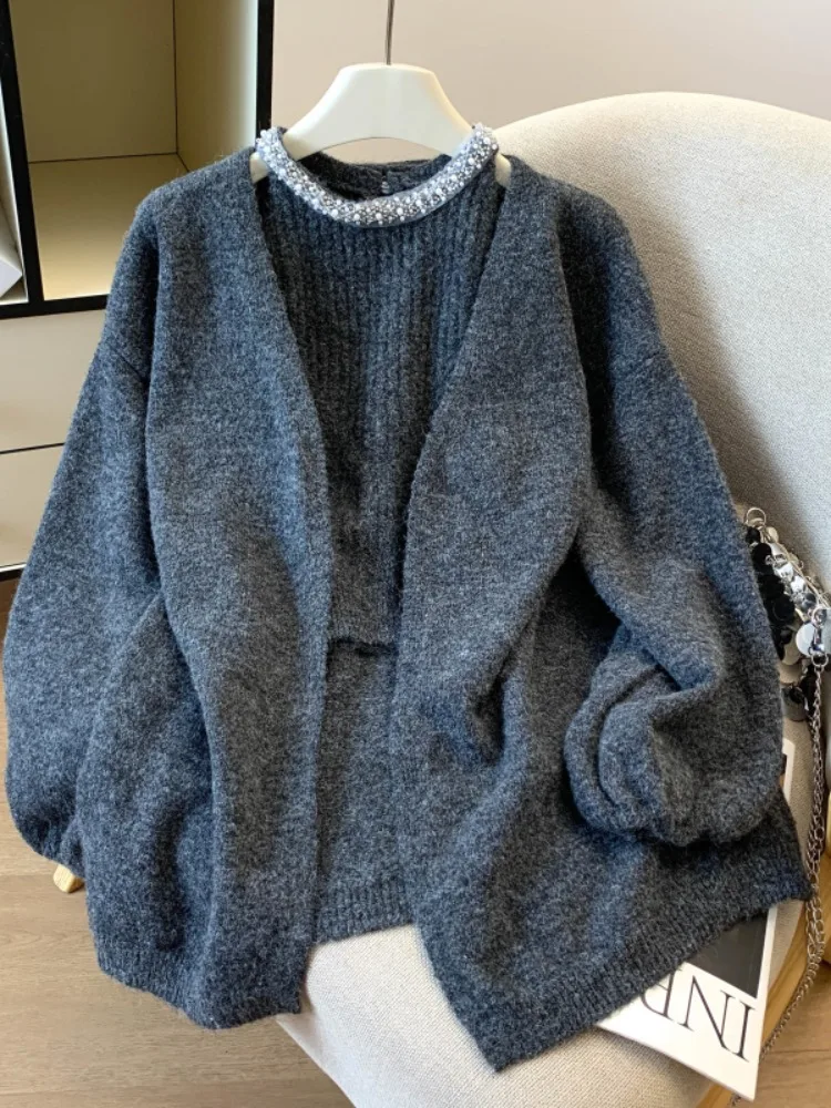Fashionable Knitted Sweater Coat Set for Women with Diamond Strap Loose Fit Korean Style Top And Bottoms Autumn Commute Style