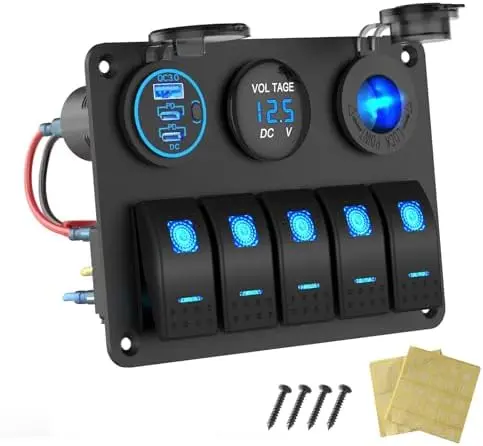 

Waterproof 5-Gang Marine Switch Panel with USB, Lighter Socket, Voltmeter - 12V Boat, RV, Truck