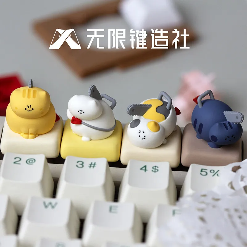Cute Chainsaw Cat Resin Keycap Creative Model Toy Ornament ESC Replace For Mechanical Keyboard Decoration Accessory Adult Gift