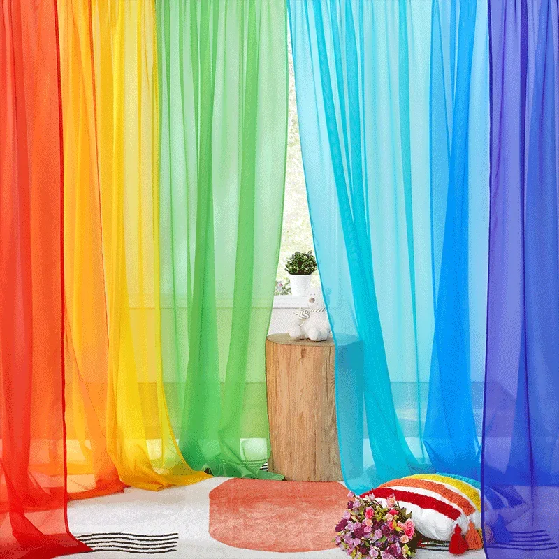 RYBHOME 7Pcs Colorful Rainbow Gradient Sheer Curtains for Living Room Tulle Curtain Drapes Sheer Window Curtains for Party Decor