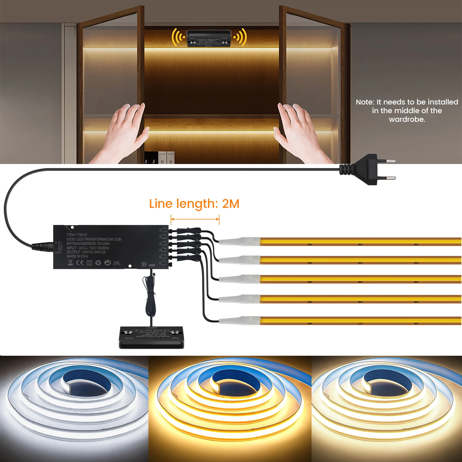 COB LED Cabinet Light with Door Contact Sensor Smart Door Activated Closet Lighting LED Strip for Cupboard Wardrobe Display Rack