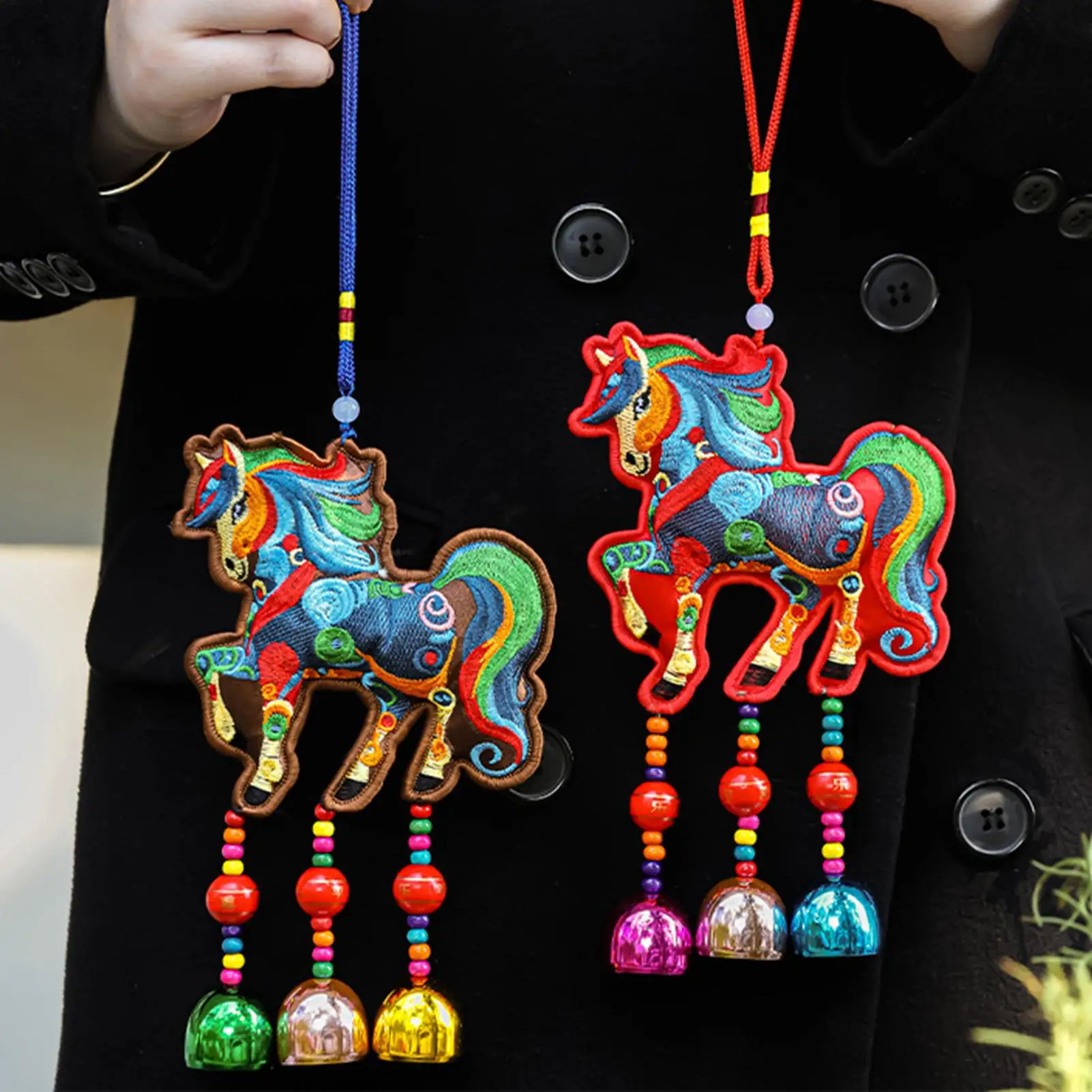 Year Of The Horse Car Pendant With Tassel And Bell Portable Embroidered Charm Chinese New Year Decor For Bags Shop Window Home view 2