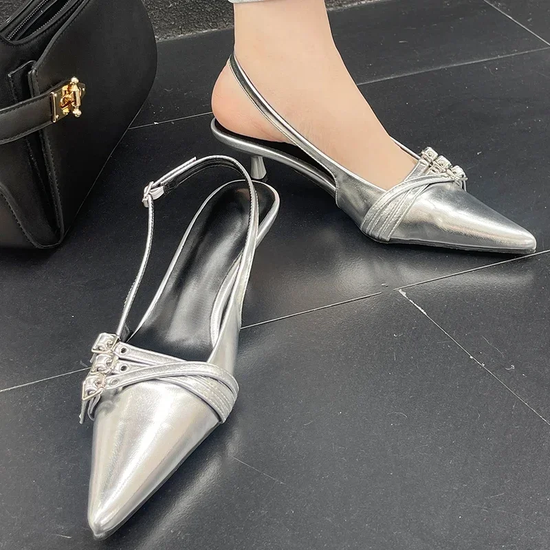 Pointed Toe Shallow Pumps Ladies Heels Shoes Female Fashion Slingbacks New in Medium Heels Shoes For Women Footwear Mules