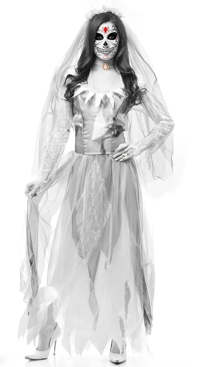 Ghost White Black Bride Halloween Cosplay Costumes for Women Dress with Veil Neck Ring Halloween Scare Costumes for Clubwear