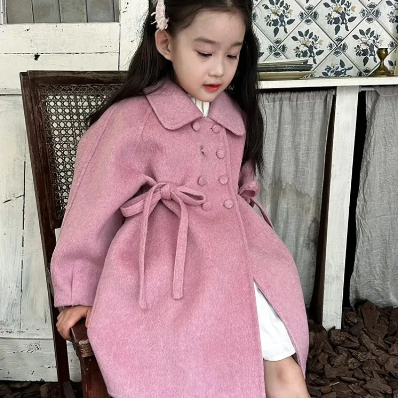 الخريف والشتاء طفل الفتيات معطف الصوف جديد الحلو الوردي الأرجواني معطف مزدوج الصدر للأطفال 90-140 سنتيمتر