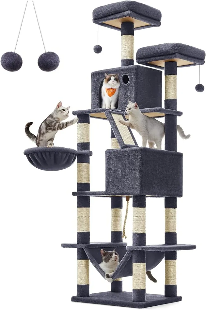 

Feandrea Cat Tree, 81.1-Inch Large Cat Tower with 13 Scratching Posts, 2 Perches, 2 Caves, Basket, Hammock, Pompoms