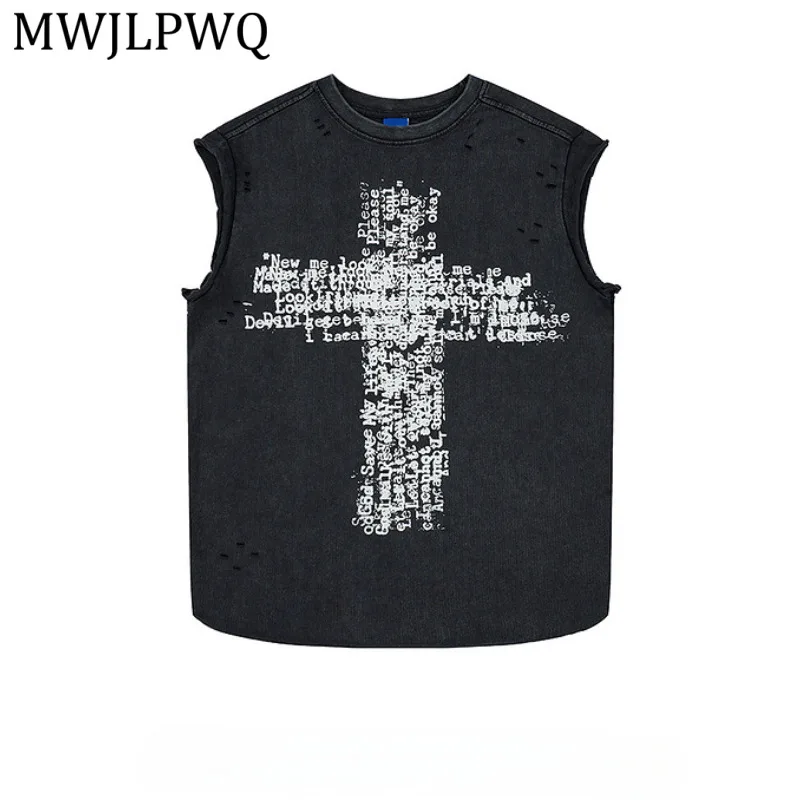

MWJLPWQ Men's Distressed Grey Tank Top Cross Text Print Loose Sleeveless American Vintage Casual Streetwear Daily Wear Top 15535