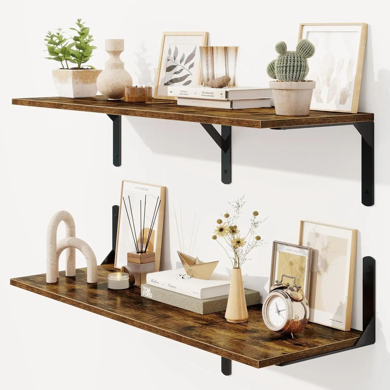 

36 Inch Floating Wall Shelves, 12 Inch Deep, Rustic Brown Set of 2 for Books, Plants, Bathroom