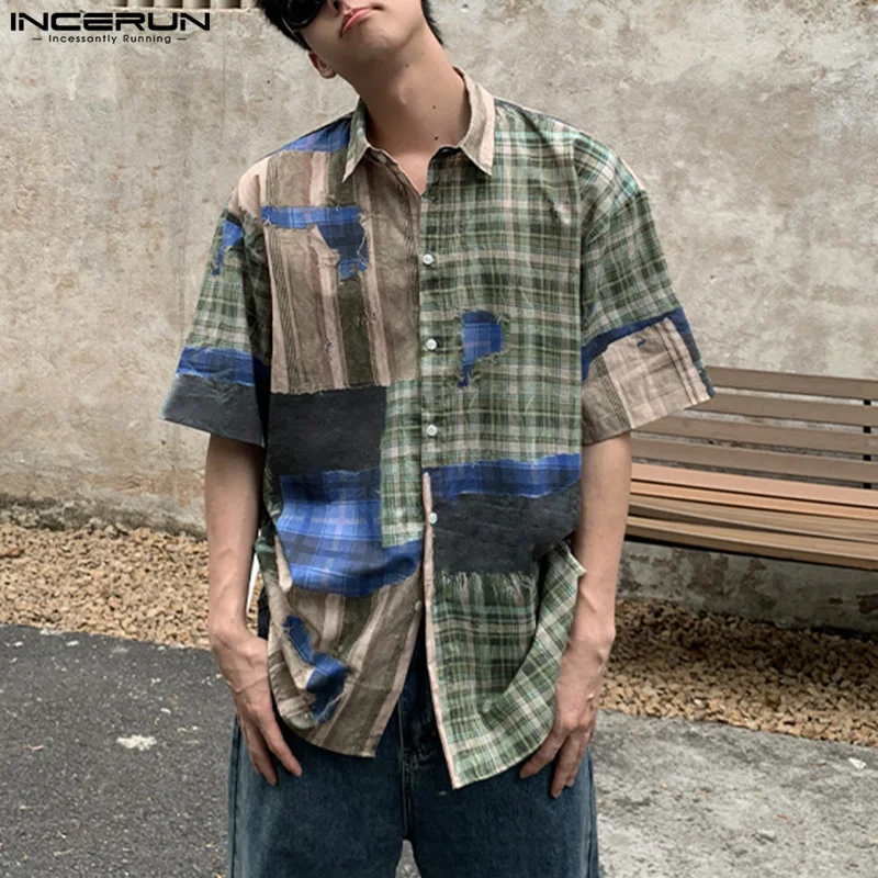 INCERUN Tops 2024 Korean Style New Men's Striped Checkered Printed Shirts Summer Handsome Male Short Sleeved Lapel Blouse S-5XL