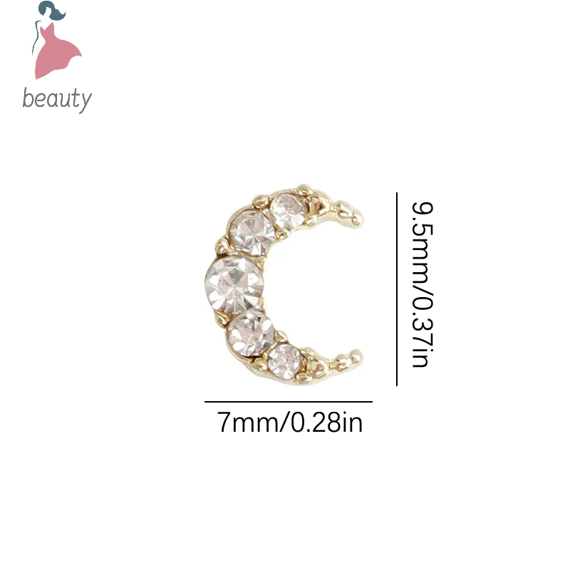 Abalorios de aleación de luna creciente para decoración de uñas, 5 piezas, Diamante Blanco AB, perla con incrustaciones de diamantes de imitación dorados y plateados, joyas para salón de manicura