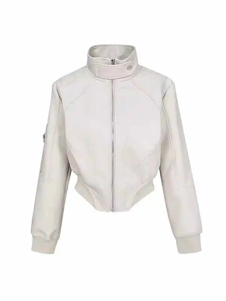 

Американская ретро-куртка из белой искусственной кожи с воротником-стойкой, женская, весна-осень 2026, новый нишевый дизайн, стандартный крой, укороченная модель
