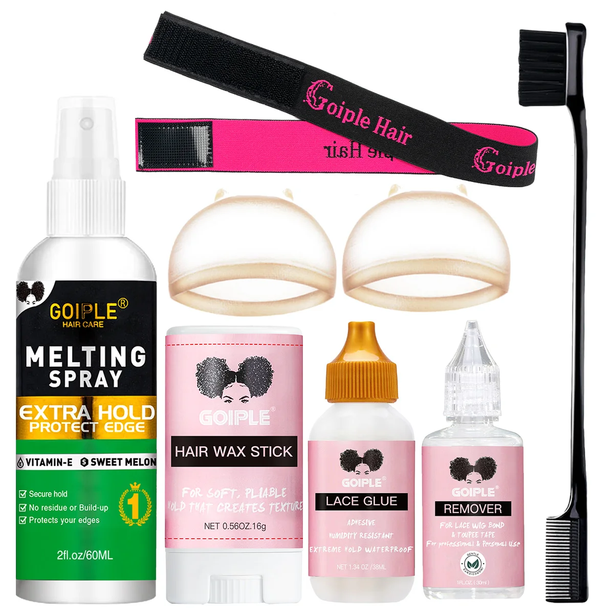 GOIPLE Lace Wig Melting Spray Strong Hold Adhesive, Fast-Drying Invisible Glue Gentle Remover Slick Hair Wax Stick & Accessories