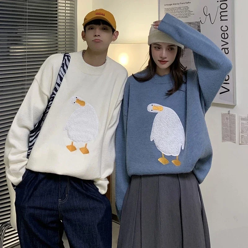 Męskie sweter Harajuku kreskówka kaczka gęś haft dziergany sweter japoński styl College O-Neck Jumper Unisex wiosna Autunm