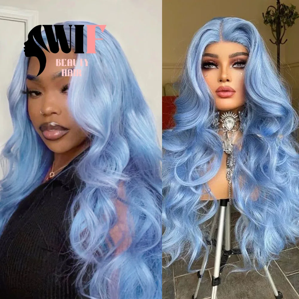 WIF-peluca sintética ondulada para mujer, pelo azul claro, línea de pelo Natural, pelo largo ondulado, encaje frontal de calor, uso de Cosplay, maquillaje