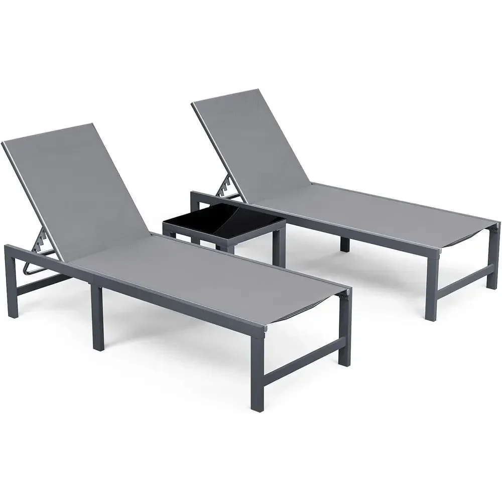 3-Piece Outdoor Chaise Lounge Set, 24.4 Wide Chairs with Table, Textilene Fabric, Ideal for Poolside, Beach, or Lawn, Grey