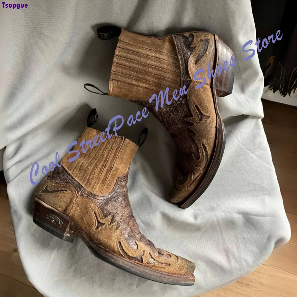 Vintage Embroidery Western Cowboy Ankle Boots Men Distressed Washed Leather Pointed Elastic Slip On Chelsea Boots Low Block Heel