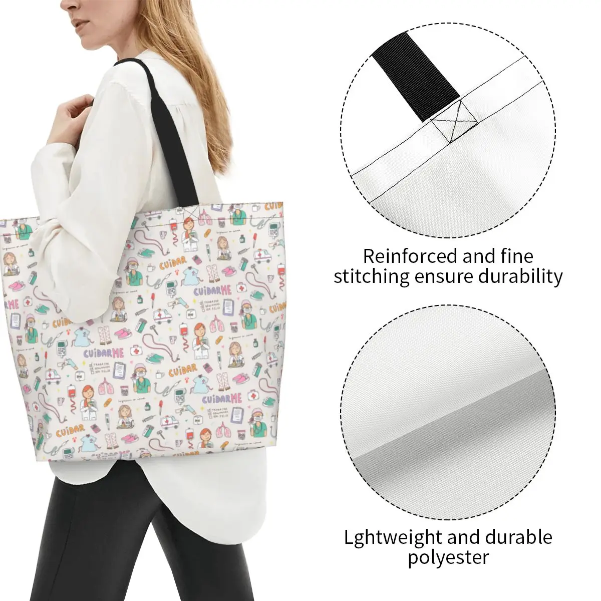 Cartoon Nurse Enfermera En Apuros Grocery Bag Large Capacity Unique Design Gift for Nurse Doctor Stuff For Women Trendy Handbags