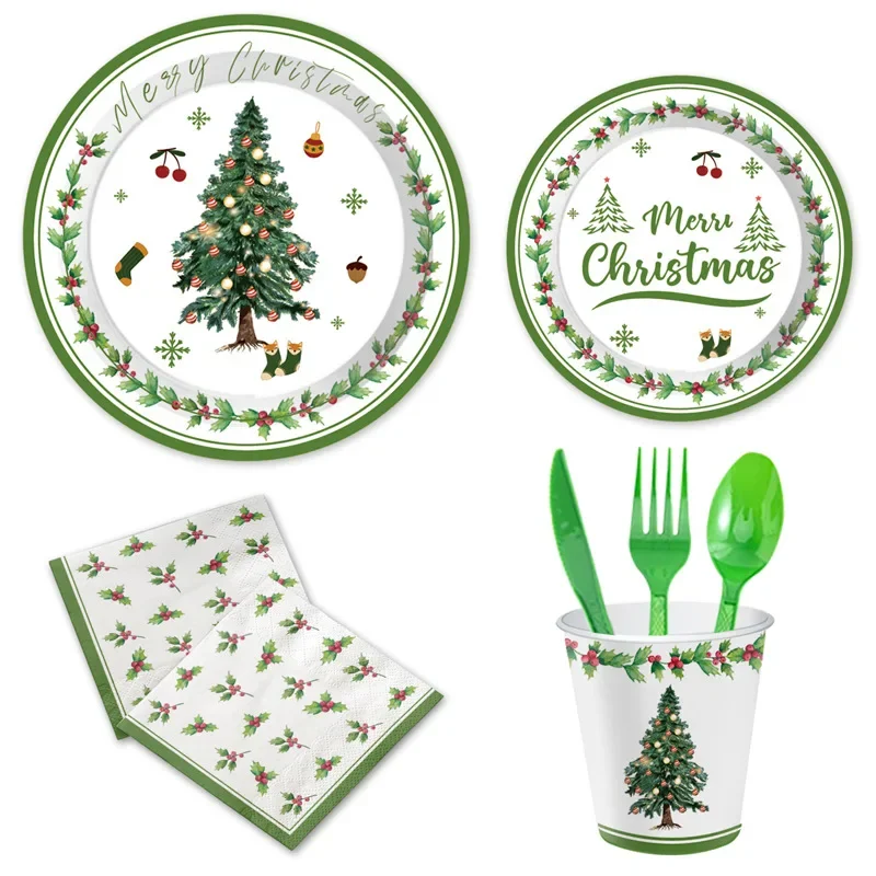 8Guests Christmas Disposable Tableware Christmas Tree Plate Napkins Merry Christmas Decor Navidad Happy New Year  2025 Supplies