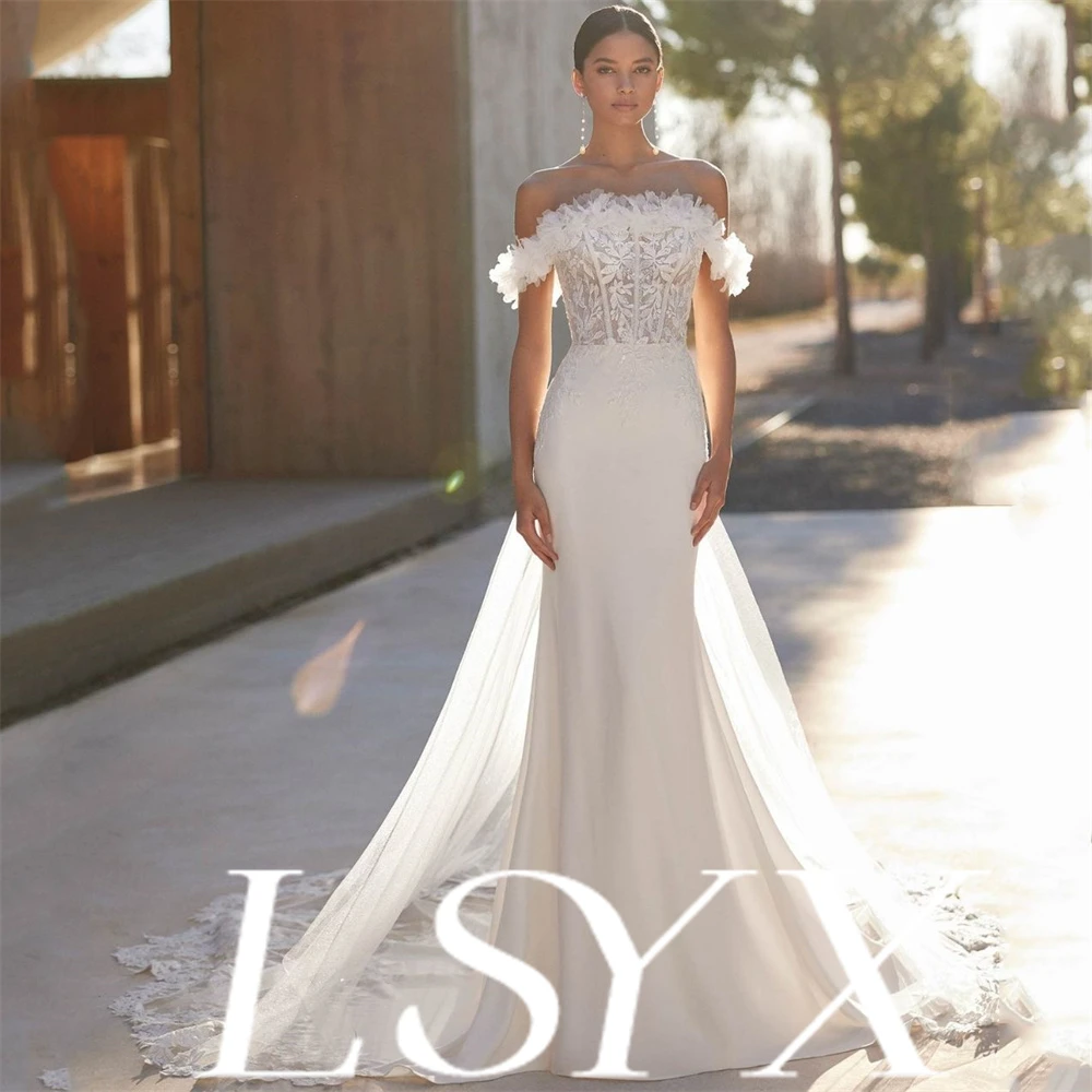

Lsyx Customized Strapless Mermaid Wedding Dress Detachable Feather Off Shoulder Lace Embroidered Corset Sheer Train Bridal Gown